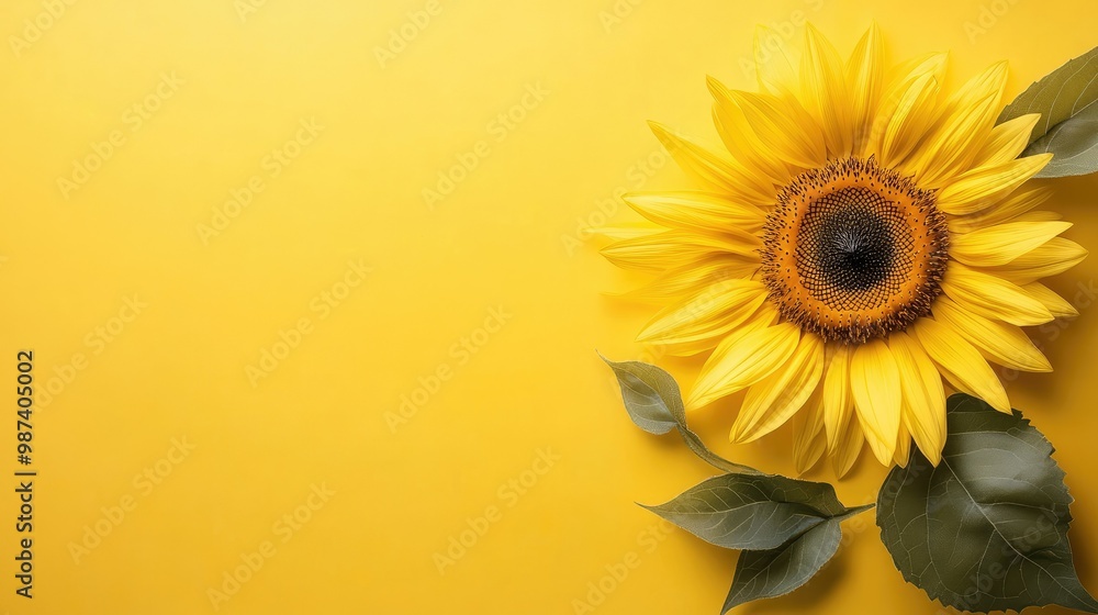 Poster flat lay of a sunflower with plenty of open space around it, perfect for adding text or product info