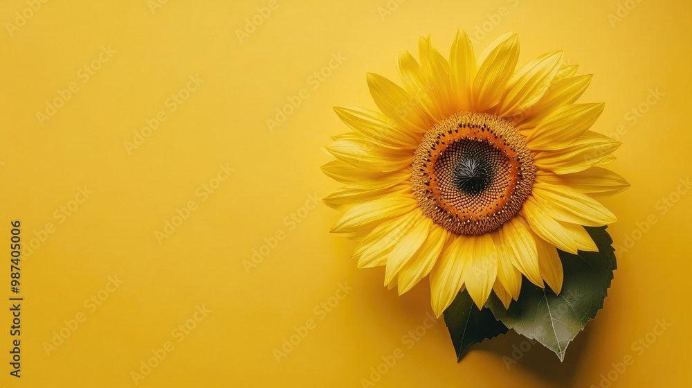 Poster flat lay of a sunflower with a large open area around it, ideal for adding text or logos for promoti