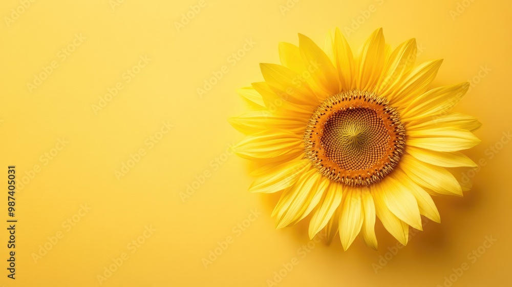 Poster flat lay of a sunflower with plenty of open space around it, perfect for adding text or product info