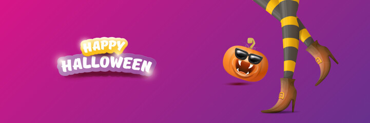 vector halloween party wide banner and poster with witch legs funky pumpkin and greeting text happy halloween on night violet background . Girls legs with stripped stockings and brown shoes.