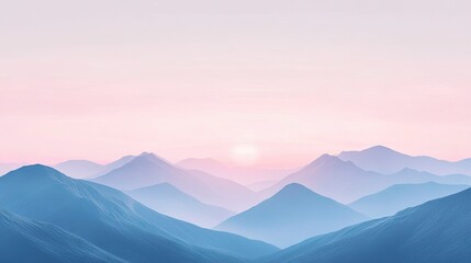 Flat lay of a sunrise over the mountains, with soft pink and blue hues in the sky and plenty of room for copy space above the peaks.