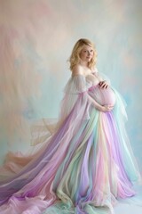 A pregnant woman is wearing a colorful dress and is standing in the air