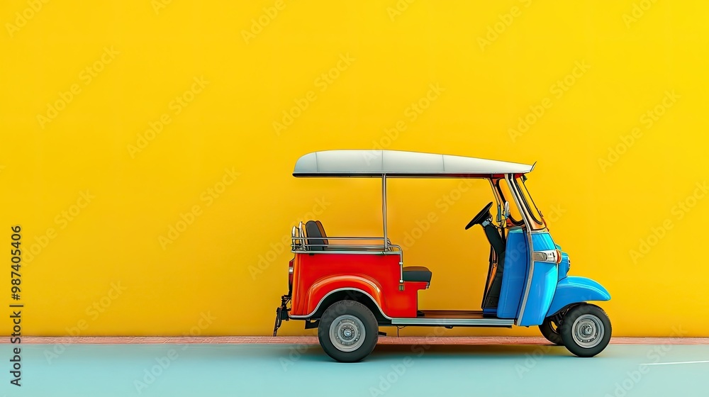 Poster flat lay of a tuk tuk with a bright, clean background, ideal for adding text or logos around it.