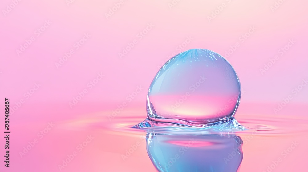 Poster flat lay of a water drop on a glossy surface with a gradient background, offering generous copy spac