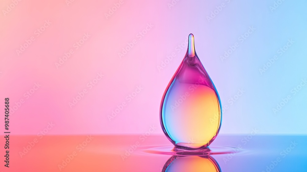 Poster flat lay of a water drop on a glossy surface with a gradient background, offering generous copy spac