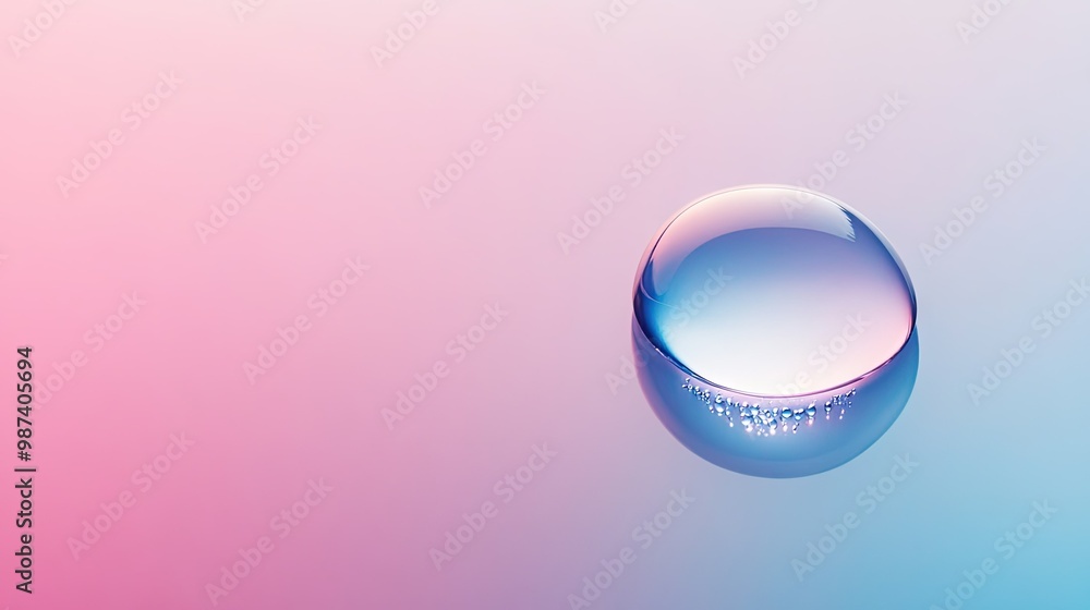 Poster Flat lay of a water drop on a glossy surface with a gradient background, offering generous copy space for text or product placement.