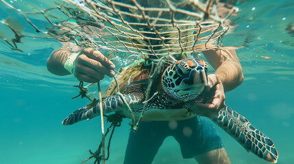 A compassionate individual rescuing a turtle trapped in a net