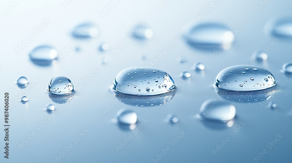 Poster flat lay of multiple water droplets on a smooth surface, with a large open area around them for copy