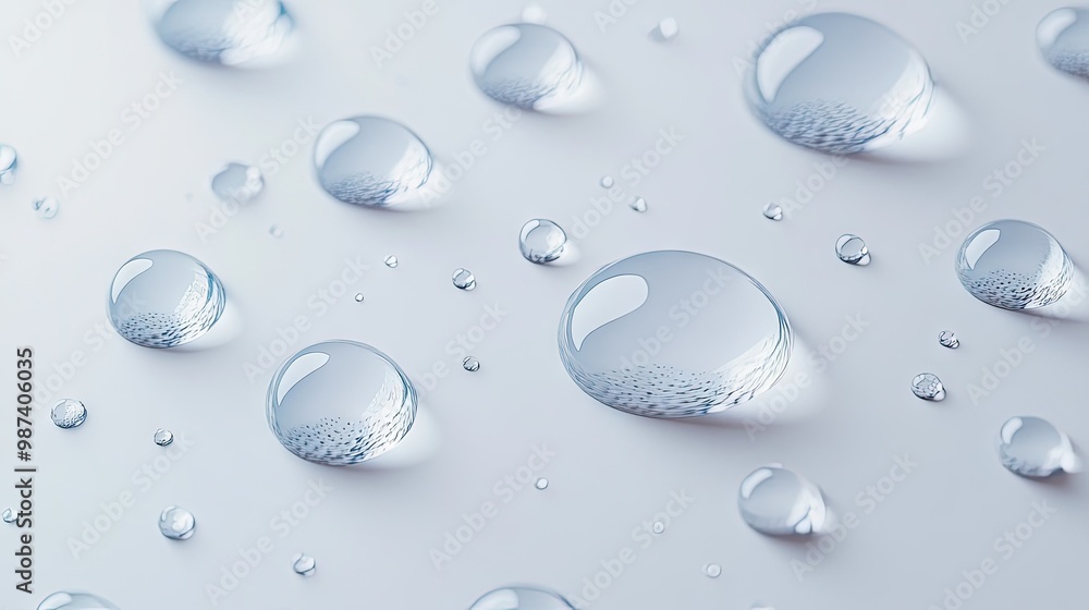Poster flat lay of multiple water droplets on a smooth surface, with a large open area around them for copy
