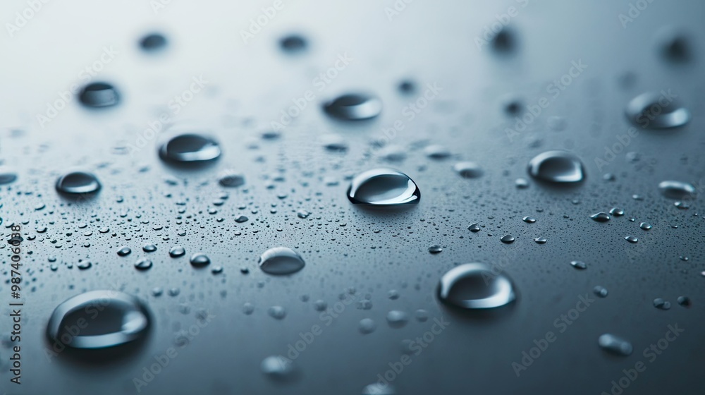 Poster flat lay of multiple water droplets on a smooth surface, with a large open area around them for copy