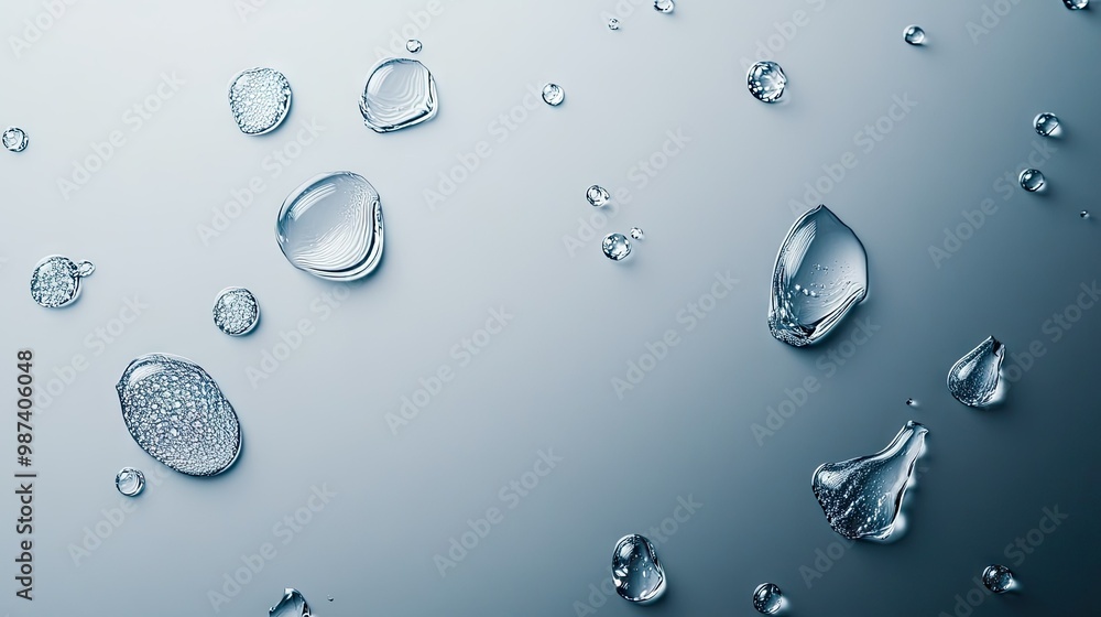 Poster flat lay of multiple water droplets on a smooth surface, with a large open area around them for copy