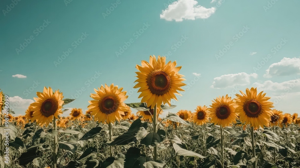 Poster flat lay of sunflowers with a vast field and a clean background sky, ideal for adding copy or brandi