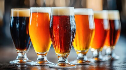 A vibrant lineup of craft beers showcasing various colors and styles in elegant glasses on a rustic wooden table.