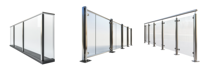 Modern glass railing system showcasing clear panels and sleek design for safety and style in various architectural settings. on transparent cutout, PNG file. Mockup template