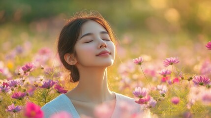 Fototapeta premium Relaxed Asian woman with her eyes closed, embracing nature as she sits in a field of flowers, finding tranquility.