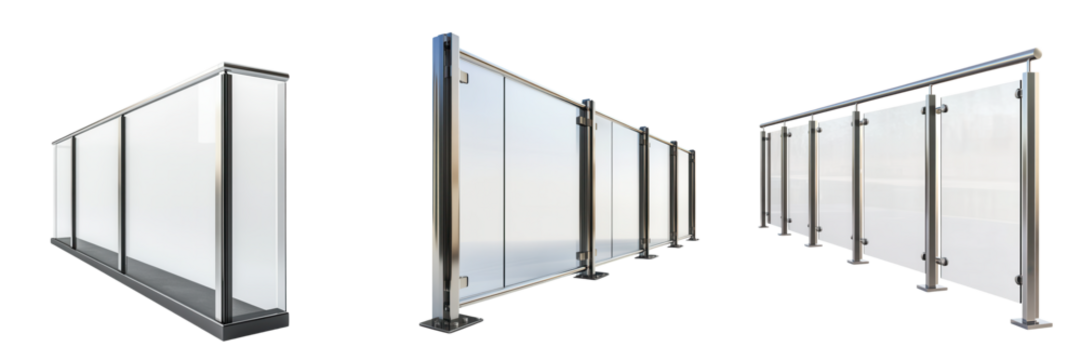 Modern glass railing system showcasing clear panels and sleek design for safety and style in various architectural settings. on transparent cutout, PNG file. Mockup template
