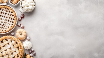 Obraz premium A beautifully crafted pumpkin pie sits among decorative pumpkins, leaves, and pinecones on a light background, creating a warm autumn atmosphere for seasonal baking