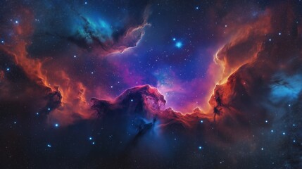 Fototapeta premium A vibrant nebula with deep reds, blues, and purples, illuminated by bright stars.