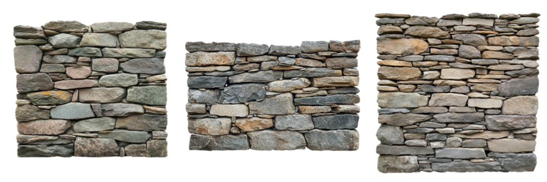 Unique stone wall textures featuring various sizes and shapes of stones, perfect for backgrounds or architectural designs. on transparent cutout, PNG file. Mockup template