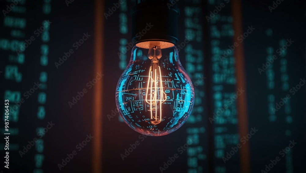 Poster neon lightbulb with glowing digital code, representing tech innovation.