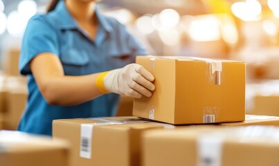 A worker carefully handling a cardboard box in a warehouse environment, showcasing logistics and organization in action.