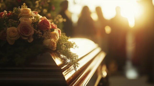 Close-up of a flower-adorned casket at a funeral service, with mourners silhouetted in the background as the sun sets.