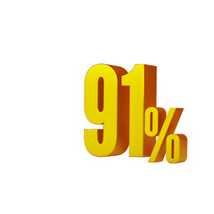 3d illustration of golden number 91 percent or 91% isolated on white background. 3d render.