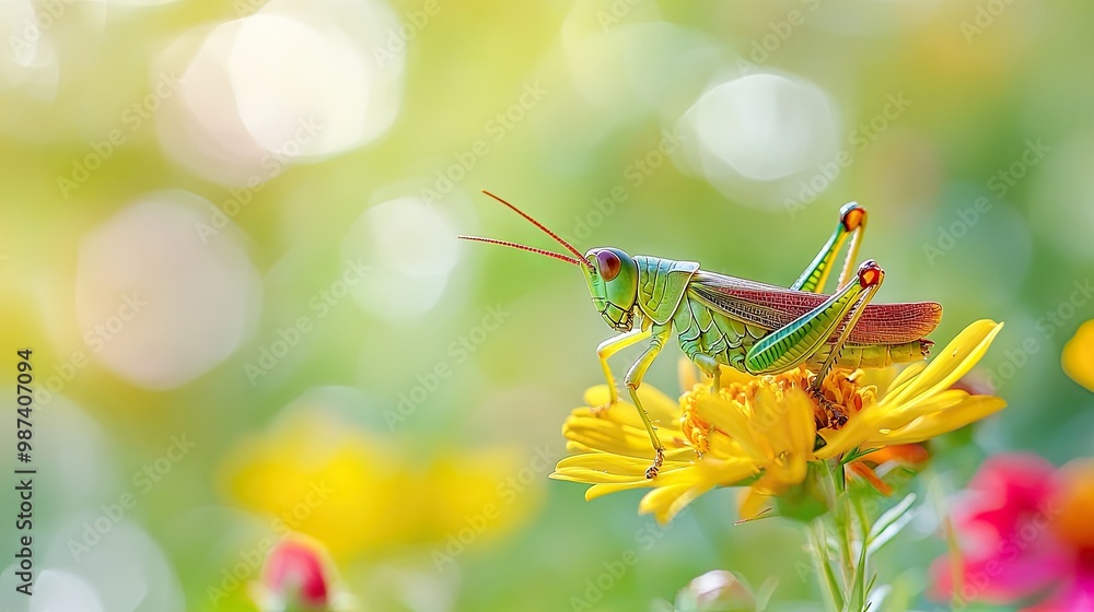 Poster grasshopper on a bright flower, with an open space in the blurred background for copy.