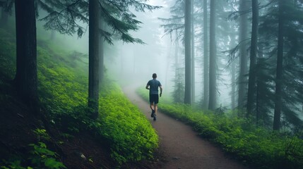 Obraz premium A lone man runs along a misty forest trail, surrounded by dense trees and fog.