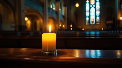 A glowing candle rests on a church pew, with warm light illuminating the space, accompanied by blurred stained glass windows in the background.