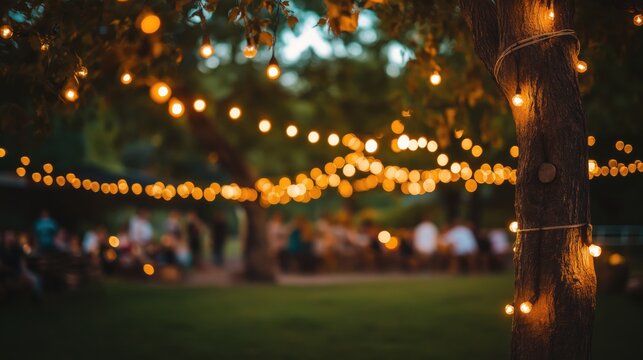 A cozy outdoor evening gathering under warm string lights wrapped around trees..
