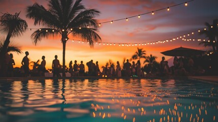 A vibrant poolside party in a tropical setting at sunset, featuring string lights, silhouette palm trees, and guests enjoying the evening.
