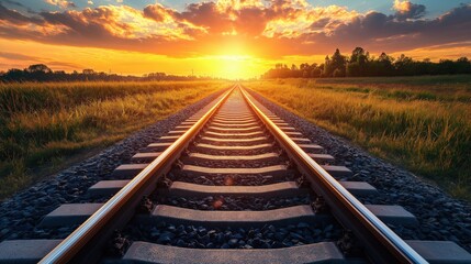 A stunning sunset illuminates railroad tracks leading into the distance, surrounded by golden grass fields.
