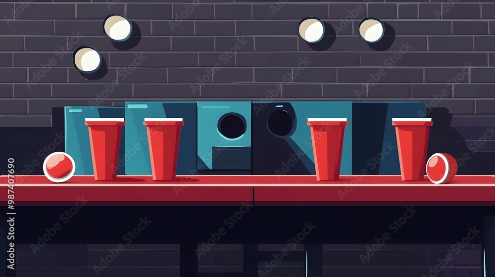 Poster flat design of a beer pong game setup with red plastic cups and table in a party atmosphere represen