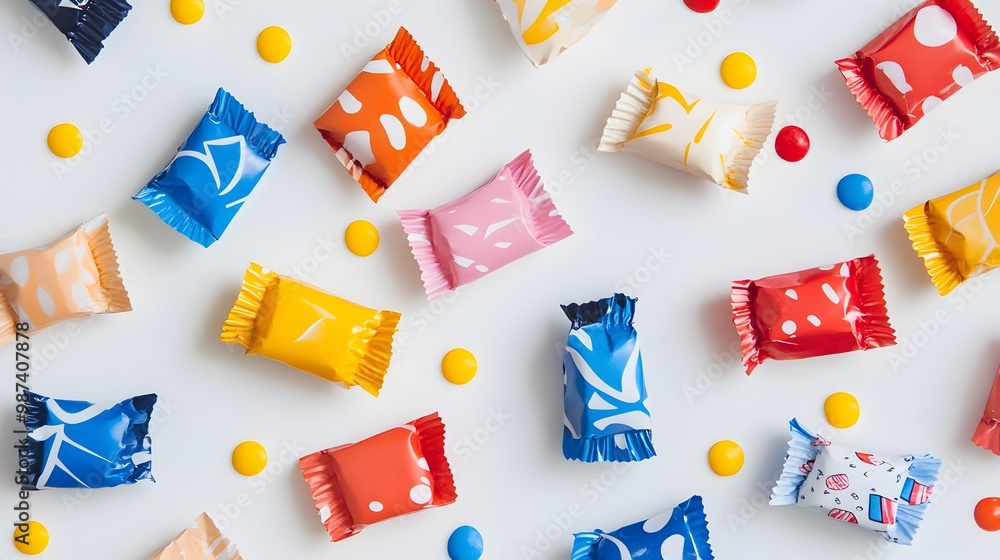 Poster flat design of assorted candy wrappers with vibrant playful patterns and designs scattered across a 