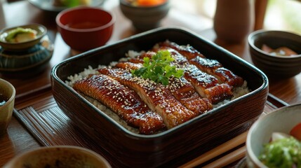 High-angle view of a restaurant-style serving of grilled eel with sweet soy glaze, topped with sesame seeds, on a table set for a Japanese meal.