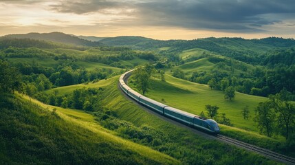 Naklejka premium A serene scene of an electric train traveling through picturesque countryside, with lush greenery and rolling hills, emphasizing the beauty of train travel.