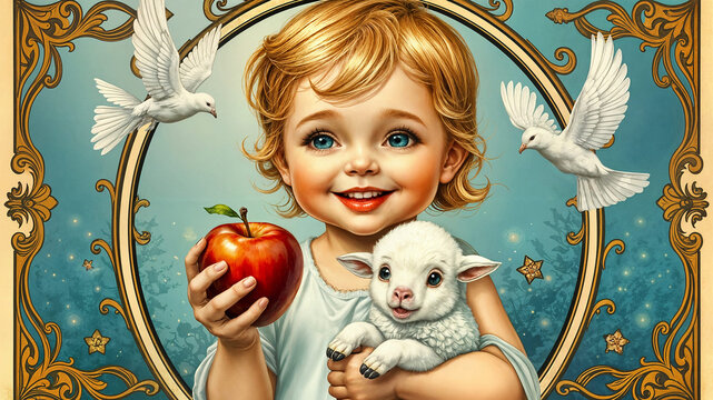 Happy girl holds an apple and fluffy lamb, bright red lips, golden bangs, surrounded by an designed ornate border frame with doves
