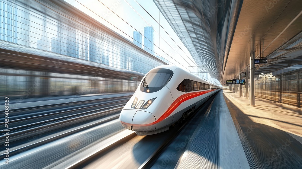 Poster high-speed train approaching a modern station with a wide-open space in the background for text.