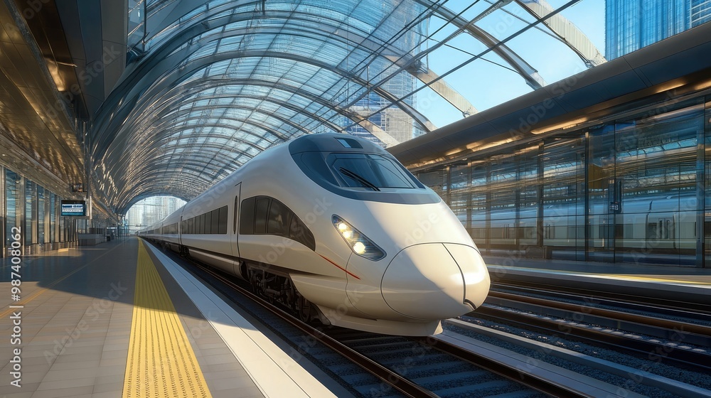 Poster high-speed train approaching a modern station with a wide-open space in the background for text.