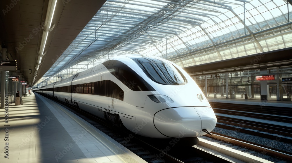 Poster high-speed train approaching a modern station with a wide-open space in the background for text.