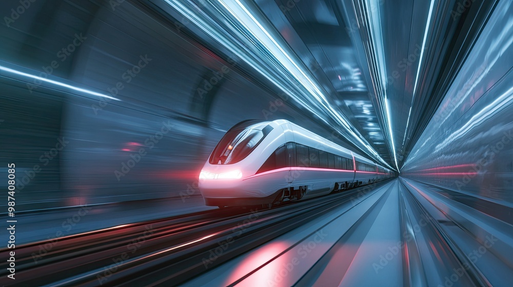 Poster high-speed train moving through a futuristic tunnel with a large area of clean background for text.