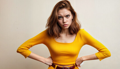 Frustrated Young Woman with Hands on Hips, Expressing Anger and Displeasure