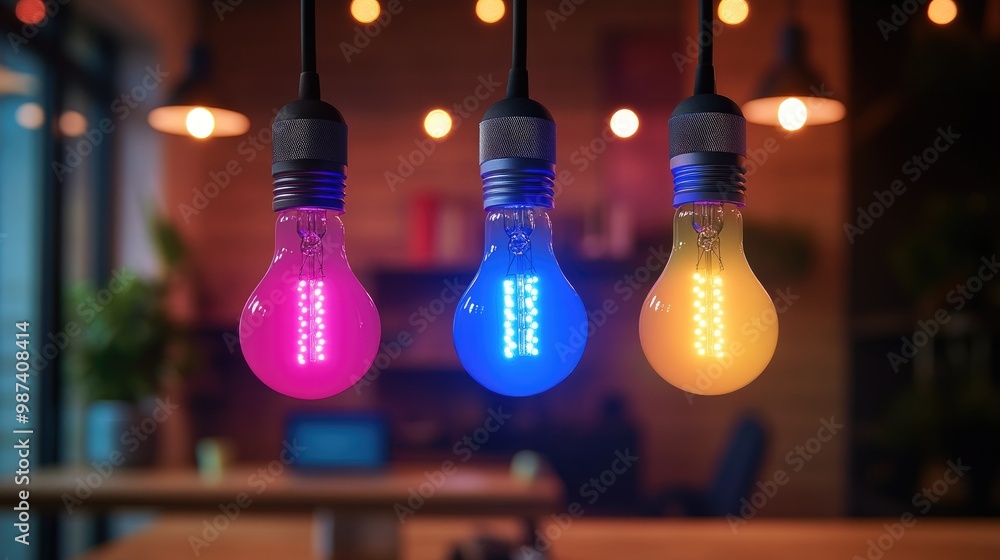 Poster a series of colorful led light bulbs hanging in a row, illuminating a modern workspace with a vibran