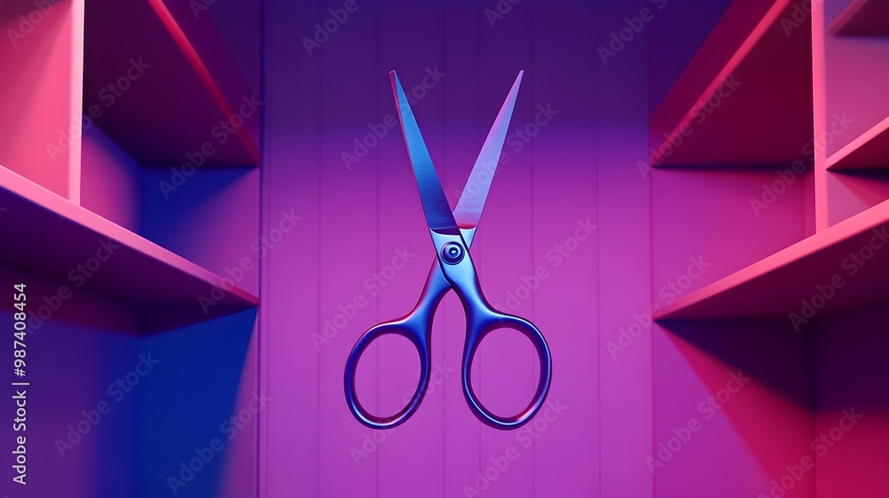 Poster floating scissors in a colorful void with dramatic lighting and minimalist shelves