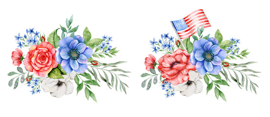 4th of July Patriotic Concept. Patriotic Design. Red Blue and White Flower Bouquet Watercolor Illustration. Independence Day design element. Hand Painted Watercolor Botanical Illustration.