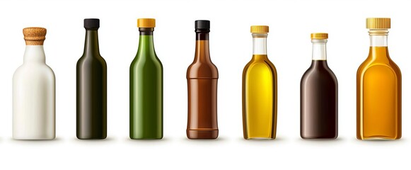 A collection of various glass bottles filled with oils, showcasing different colors and styles. Ideal for culinary and lifestyle themes.