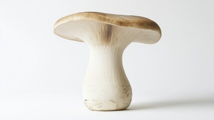 A single king oyster mushroom standing upright on a pure white background, showcasing its large, firm stem and round cap in an elegant, minimalist style.