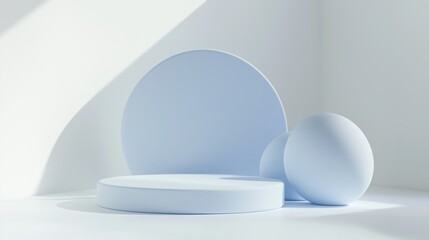 Minimalistic design featuring soft blue geometric shapes in a spacious, sunlit environment.