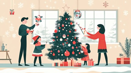 Parents and kids decorating a Christmas tree, with room for text above the scene.